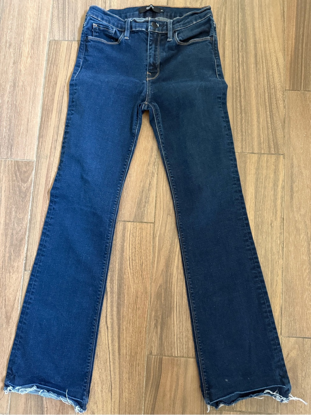 HUDSON Drew Boot Flare Jeans-Dark Wash/Raw Hem. Waist 14”, Rise 9.5”. Inseam 29”